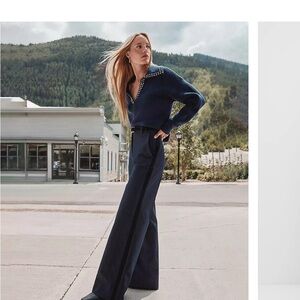 Studded Collared Navy Sweater with Wide-Leg Pants